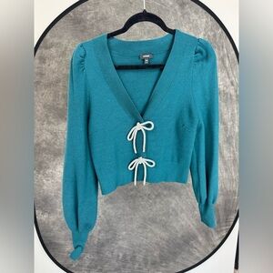 Express Cropped Sweater Top XS | Teal Puff Sleeve Tie-Front | Silver Bows